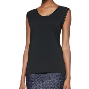 Andrew Mark Leather Trim Black Silk Blouse